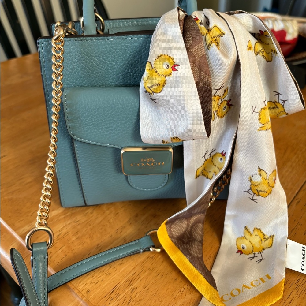 COACH Mini PEPPER Pebble Leather Crossbody Marine Green With Coach Chick scarf